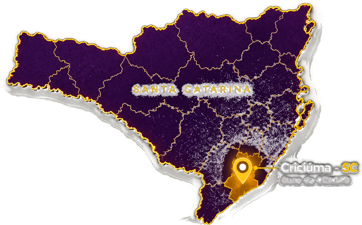 Mapa estilizado de Santa Catarina com indicação de Criciúma como base da CCANTO